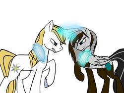 Size: 960x720 | Tagged: safe, prince blueblood, oc, alicorn, pony, unicorn, g4, alicorn oc, magic, male, pie, stallion, telekinesis