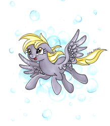 Size: 1696x1941 | Tagged: safe, artist:frostykat13, derpy hooves, pegasus, pony, g4, bubble, female, flying, mare, smiling, solo, tongue out, traditional art