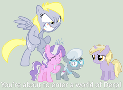 Size: 988x726 | Tagged: safe, artist:bronybyexception, derpy hooves, diamond tiara, dinky hooves, silver spoon, pegasus, pony, g4, abuse, angry, caption, dinkybuse, equestria's best mother, female, filly, foal, glasses, image macro, mare