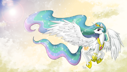 Size: 4000x2250 | Tagged: safe, artist:yoonny92, princess celestia, g4, cloud, cloudy, female, flying, high res, lens flare, looking back, pixiv, sky, smiling, solo, spread wings, wallpaper