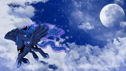 Size: 1920x1080 | Tagged: dead source, safe, artist:yoonny92, princess luna, g4, cloud, cloudy, eyes closed, eyeshadow, female, flying, moon, night, sky, smiling, solo, spread wings, wallpaper