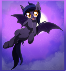 Size: 1389x1500 | Tagged: source needed, safe, artist:stoic5, oc, oc only, oc:echo, bat pony, pony, cloud, cloudy, female, flying, mare, moon, night, smiling, solo