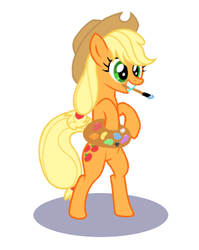 Size: 370x465 | Tagged: safe, artist:the-ross, applejack, earth pony, pony, g4, bipedal, female, mouth hold, paintbrush, palette, solo