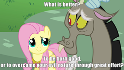 Size: 840x473 | Tagged: safe, discord, fluttershy, g4, keep calm and flutter on, image macro, paarthurnax, question, skyrim, the elder scrolls