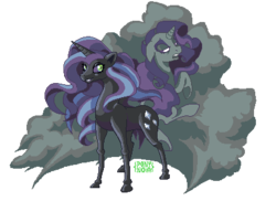 Size: 426x310 | Tagged: safe, artist:ponynoia, nightmare rarity, rarity, pony, unicorn, g4, duality, female, mare, pixel art, simple background, transparent background