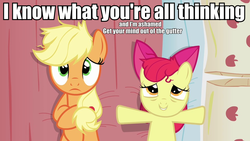 Size: 960x540 | Tagged: safe, edit, edited screencap, screencap, apple bloom, applejack, earth pony, pony, apple family reunion, g4, bed, caption, female, filly, mare, on back, out of context, pillow