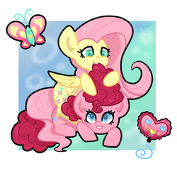 Size: 1050x1000 | Tagged: safe, artist:otterlore, fluttershy, pinkie pie, butterfly, g4, balloon, cute, female, lesbian, nom, ship:flutterpie, shipping, simple background, white background