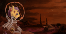 Size: 2900x1500 | Tagged: safe, artist:celestiawept, scootaloo, g4, astronaut, blood, bruised, female, lidded eyes, looking away, nosebleed, sitting, solo, spaceship, spacesuit