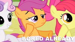 Size: 720x405 | Tagged: safe, apple bloom, scootaloo, sweetie belle, g4, bored, caption, frown, smiling