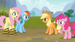 Size: 640x355 | Tagged: safe, screencap, applejack, fluttershy, pinkie pie, rainbow dash, earth pony, pegasus, pony, g4, spike at your service, bucket sandals, female, mare, meme, youtube caption