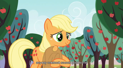 Size: 640x355 | Tagged: safe, screencap, applejack, earth pony, pony, g4, spike at your service, female, mare, meme, solo, youtube caption