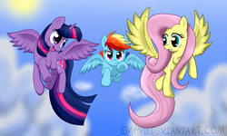 Size: 1000x601 | Tagged: safe, artist:empyu, fluttershy, rainbow dash, twilight sparkle, alicorn, pegasus, pony, g4, female, flying, mare, sky background, trio, twilight sparkle (alicorn)