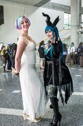 Size: 798x1200 | Tagged: safe, princess celestia, queen chrysalis, human, g4, cosplay, irl, irl human, photo