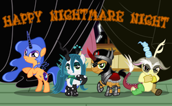 Size: 5640x3480 | Tagged: safe, artist:astringe, apple bloom, babs seed, discord, king sombra, nightmare moon, queen chrysalis, scootaloo, sweetie belle, g4, clothes, costume, cutie mark crusaders, nightmare night, when you see it