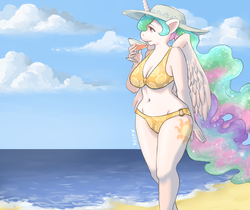 Size: 1550x1300 | Tagged: safe, artist:the-rasp-b, princess celestia, anthro, g4, beach, belly button, bikini, breasts, busty princess celestia, cleavage, clothes, drink, female, hat, solo, swimsuit, water, wide hips, windswept mane