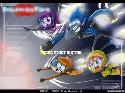 Size: 1637x1212 | Tagged: safe, artist:the-butch-x, sunset shimmer, twilight sparkle, bird, blue jay, human, raccoon, anthro, equestria girls, g4, crossover, jetpack, male, mordecai, regular show, rigby (regular show), space, spacesuit, video game