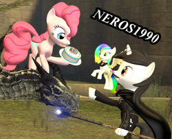 Size: 981x791 | Tagged: safe, artist:dbuilder, pinkie pie, oc, oc:neros1990, dragon, g4, 3d, birthday, cake, gmod