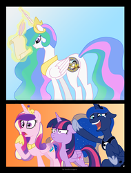 Size: 1664x2192 | Tagged: safe, artist:hendocrinogeno, discord, princess cadance, princess celestia, princess luna, twilight sparkle, alicorn, pony, g4, alicorn tetrarchy, butt, comic, crying, discord being discord, female, floppy ears, frown, glare, laughing, magic, mare, nose wrinkle, plot, pointing, prank, princess luna is amused, quill, seal of approval, shipping fuel, shocked, smiling, sticker, trollcord, twilight sparkle (alicorn), twilight sparkle is not amused, unamused, varying degrees of amusement, wide eyes, writing