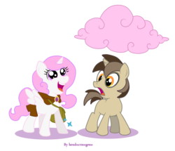 Size: 2008x1728 | Tagged: safe, artist:hendocrinogeno, discord, princess celestia, star swirl the bearded, g4, bag, cewestia, cloak, clothes, cloud, colt, cotton candy cloud, cute, discord is star swirl, filly, frown, happy, looking up, open mouth, simple background, smiling, spread wings, transparent background, wide eyes