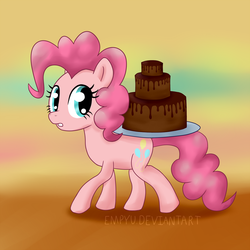 Size: 1200x1200 | Tagged: safe, artist:empyu, pinkie pie, g4, cake, carrying, female, solo