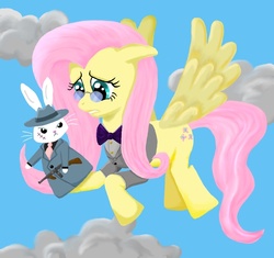 Size: 850x800 | Tagged: safe, artist:empyu, angel bunny, fluttershy, pegasus, pony, rabbit, g4, animal, blazer, bowtie, clothes, costume, dc comics, duo, fedora, floppy ears, flying, glasses, hat, necktie, pince-nez, scar, scarface, shirt, sky background, suit, the ventriloquist, tommy gun, trenchcoat