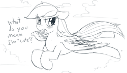 Size: 1000x581 | Tagged: safe, artist:mewball, rainbow dash, pegasus, pony, g4, blushing, dialogue, female, flying, grayscale, simple background, solo, tsundere, white background
