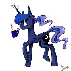 Size: 1024x1024 | Tagged: safe, artist:onicka12, princess luna, g4, alternate hairstyle, coffee, female, mug, ponytail, simple background, solo