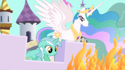 Size: 1024x576 | Tagged: safe, artist:gentlemanpanda, lyra heartstrings, princess celestia, g4, fire