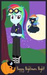 Size: 560x900 | Tagged: safe, artist:dm29, rainbow dash, human, equestria girls, g4, clothes, cloud, costume, crossed arms, duo, filly, goggles, human ponidox, nightmare night, pony pet, shadowbolt dash, shadowbolts costume