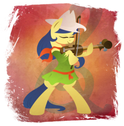 Size: 901x916 | Tagged: safe, artist:rariedash, fiddlesticks, earth pony, pony, g4, apple family member, bipedal, clothes, cowboy hat, cutie mark background, eyes closed, female, hat, hooves, lineless, mare, musical instrument, smiling, solo, violin