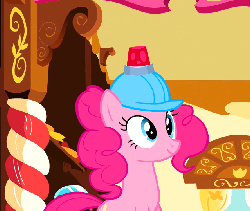 Size: 639x540 | Tagged: safe, screencap, pinkie pie, earth pony, pony, g4, mmmystery on the friendship express, season 2, animated, blinking, female, gif, hard hat, hat, helmet, light, mare, ponk, silly, solo
