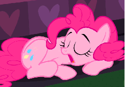 Size: 646x450 | Tagged: safe, screencap, pinkie pie, earth pony, pony, g4, mmmystery on the friendship express, season 2, animated, behaving like a dog, blinking, cute, diapinkes, eyes closed, female, frown, gif, mare, open mouth, prone, puppy pie, scratching, sleeping, smiling, snoring, solo