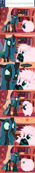 Size: 650x3125 | Tagged: safe, artist:mixermike622, queen chrysalis, oc, oc:fluffle puff, pony, tumblr:ask fluffle puff, g4, ask, bipedal, book, bookshelf, clothes, comic, dialogue, golden oaks library, hoof hold, knife, mouth hold, open mouth, scared, socks, speech bubble, striped socks, tumblr, weapon, whip