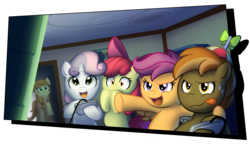 Size: 2621x1506 | Tagged: safe, artist:bcpony, apple bloom, button mash, scootaloo, sweetie belle, oc, oc:cream heart, earth pony, pegasus, pony, unicorn, g4, button mash gets all the mares, colt, controller, cutie mark crusaders, earth pony oc, female, filly, foal, gamer belle, male, mare, mother and child, mother and son, scootaloo will show us games to play, sweat, that pony sure does love computer games, video game