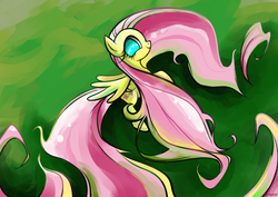 Size: 1754x1240 | Tagged: safe, artist:rambopvp, fluttershy, g4, female, impossibly long hair, impossibly long tail, long hair, long mane, long tail, looking at you, on side, smiling, solo, tail extensions