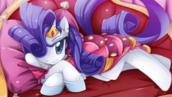 Size: 1300x731 | Tagged: safe, artist:jinzhan, rarity, pony, unicorn, g4, beautiful, clothes, dignified wear, dress, fainting couch, female, gala dress, hair over one eye, mare, smiling, solo