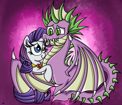 Size: 1100x943 | Tagged: safe, artist:daniel-sg, rarity, spike, fanfic:like fine wine, g4, fanfic, fangs, female, fire ruby, hug, male, necklace, older, ship:sparity, shipping, smiling, straight, winged spike, wings