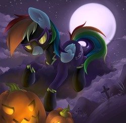 Size: 1000x975 | Tagged: safe, artist:ls_skylight, rainbow dash, g4, clothes, costume, female, halloween, holiday, jack-o-lantern, nightmare night, pumpkin, shadowbolt dash, shadowbolts, shadowbolts costume, solo