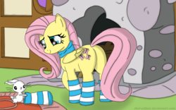 Size: 1920x1200 | Tagged: safe, artist:therealfate, angel bunny, fluttershy, g4, butt, clothes, plot, scarf, socks, striped socks, thigh highs