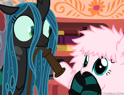 Size: 650x500 | Tagged: safe, artist:mixermike622, queen chrysalis, oc, oc:fluffle puff, tumblr:ask fluffle puff, g4, clothes, socks, striped socks, whip