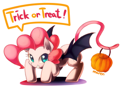 Size: 1659x1197 | Tagged: safe, artist:maren, pinkie pie, earth pony, pony, g4, bat wings, cat tail, face down ass up, female, grin, looking at you, nightmare night, pixiv, pumpkin, pumpkin bucket, smiling, solo, spread wings, tail hold