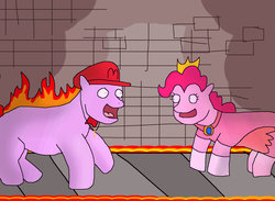 Size: 1024x749 | Tagged: safe, artist:pewdie-pinkiepie, pinkie pie, oc, oc:clarance, earth pony, pony, g4, 1000 hours in ms paint, canon x oc, clothes, cross, crossover, crown, dress, hat, male, mario, ms paint, necklace, obvious troll, princess peach, religion, shipping, super mario bros., tiara, troll, wat, why