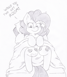 Size: 935x1074 | Tagged: safe, artist:joey darkmeat, pinkie pie, earth pony, pony, g4, bed, blanket, clothes, female, hooves, monochrome, sock puppet, socks, solo, traditional art