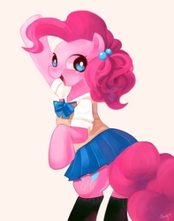 Size: 700x889 | Tagged: safe, artist:amy30535, pinkie pie, earth pony, pony, g4, bipedal, clothes, cute, diapinkes, female, open mouth, pleated skirt, schoolgirl, skirt, solo
