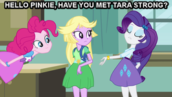 Size: 640x360 | Tagged: safe, edit, edited screencap, screencap, pinkie pie, rarity, twilight sparkle, equestria girls, g4, my little pony equestria girls, blonde, caption, disguise, image macro, tara strong, twilight strong, voice actor joke