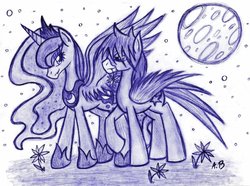 Size: 1024x760 | Tagged: safe, artist:rossmaniteanzu, princess luna, oc, oc:star swift, pegasus, pony, g4, canon x oc, couple, date, moon, traditional art