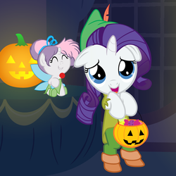 Size: 4000x4000 | Tagged: safe, artist:beavernator, rarity, sweetie belle, pony, g4, absurd resolution, baby, baby belle, baby pony, beavernator is trying to murder us, clothes, costume, cute, diasweetes, filly, floppy ears, foal, name joke, name pun, nightmare night, peter pan, raribetes, tinkerbell