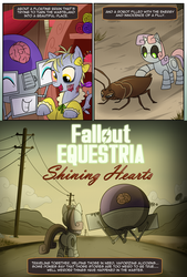 Size: 1348x2000 | Tagged: safe, artist:madmax, derpy hooves, rarity, cockroach, ghoul, insect, pegasus, pony, radroach, robot, fallout equestria, fallout equestria:shining hearts, g4, brain, brain in a jar, butt, clothes, comic, dress, fabric, fallout, female, giant insect, mare, old world blues, plot, power line, road, satellite dish, sepia, sweetie bot, wasteland