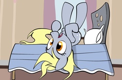 Size: 1280x843 | Tagged: artist needed, safe, derpy hooves, pegasus, pony, g4, bed, female, mare, on back, rolling, solo
