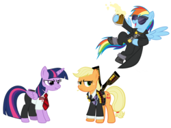 Size: 1200x897 | Tagged: safe, artist:pixelkitties, applejack, rainbow dash, twilight sparkle, alicorn, pony, g4, ammunition belt, crossover, edgar wright, female, gary king, gun, hot fuzz, mare, nicholas angel, scrunchy face, shaun of the dead, shaun riley, shotgun, simple background, the world's end, three flavors cornetto trilogy, transparent background, trio, twilight sparkle (alicorn), weapon